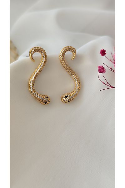 İPAR AKSESUAR Snake Metal Gold Earring with Zircon Stone