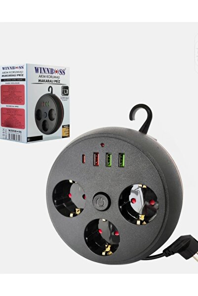 NEBİL HOME Siyah Termal Akım Korumalı Makaralı 3 x Priz 3 x Usb 1 x Type-C Priz