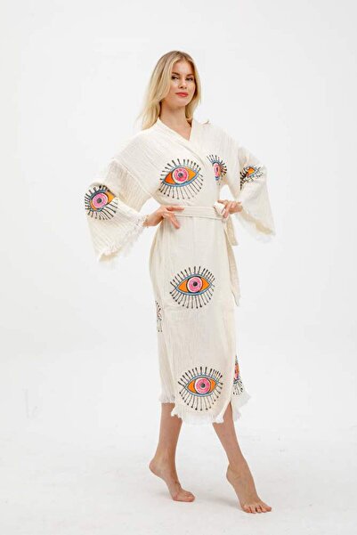 Elif Towels Ecru Color Stone Print Kimono Kaftan