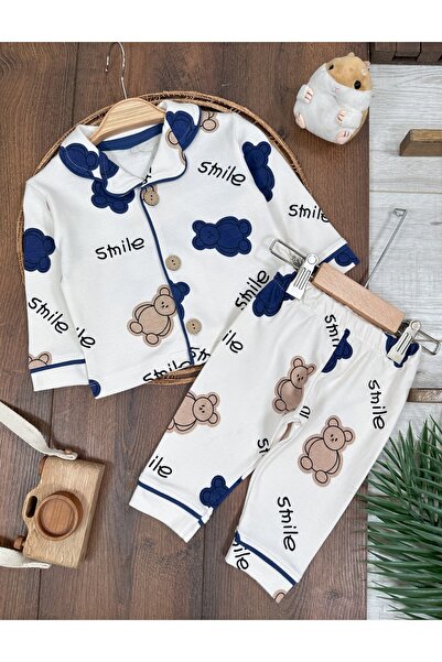 bebicix Teddy Bear Printed 100% Cotton Double Breasted Collar Seasonal Baby Pajamas Set