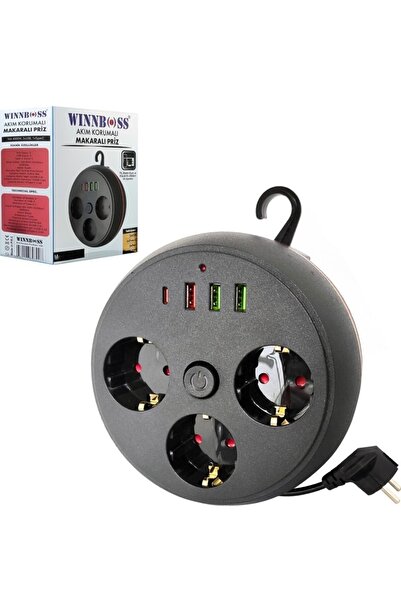 NEBİL HOME Siyah Termal Akım Korumalı Makaralı 3 x Priz 3 x Usb 1 x Type-C Priz