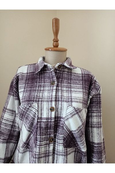 Butik Women's Purple and White Patterned Oversize Stitched Lumberjack Shirt