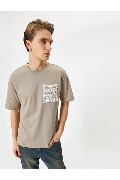 Koton Crew Neck T-Shirt Pocket Detailed Embroidered Short Sleeve