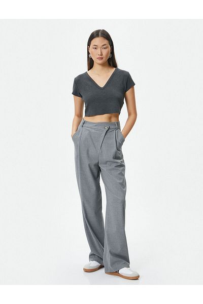 Koton Crop T-Shirt Kurzarm V-Ausschnitt