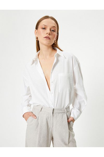Koton Langärmliges Oversize-Leinenhemd mit Taschen