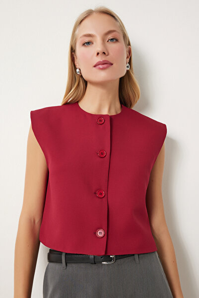Lovelyİstanbul Claret Red Crop υφαντό γιλέκο - με κουμπιά, LTO0042