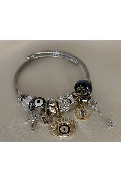ARYA DESİGN Steel Bracelet with Evil Eye Bead and Eye Charm