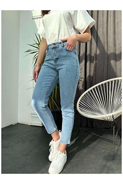 Elif Özbey Butik Blue Washed Lycra Mom Jean