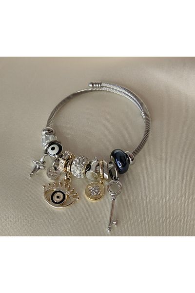 ARYA DESİGN Steel Bracelet with Evil Eye Bead and Eye Charm