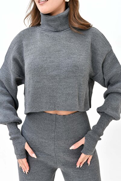 vuvutasarım Stretchy and High Waist Knitwear Set - Turtleneck, Hand Snap Sweater and High Waist Pants 015