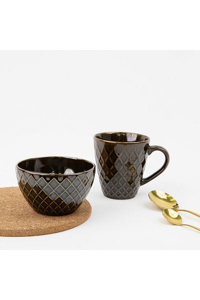 stilinbu Dark Brown Porcelain Mug and Bowl Set - Breakfast Set of Two