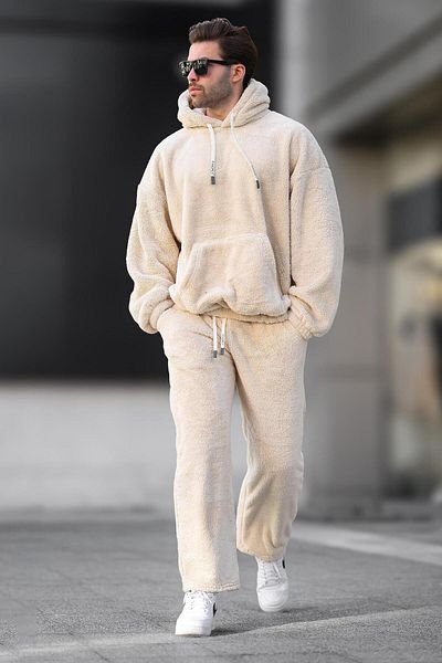 Madmext Σετ ανδρικής φόρμας μπεζ με λεπτομέρεια Fleece E5961