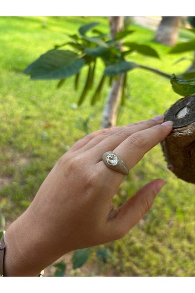 Moonjy Steel Beige Color Enamel Single Stone Adjustable Ring