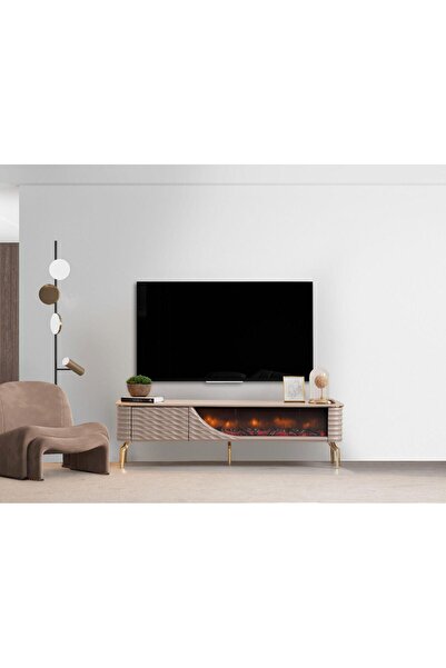 ERGLASS CAM 1.kalite Şömineli Tv Ünitesi Tv Sehpası Modern Ayaklı 170 Cm Kapaklı