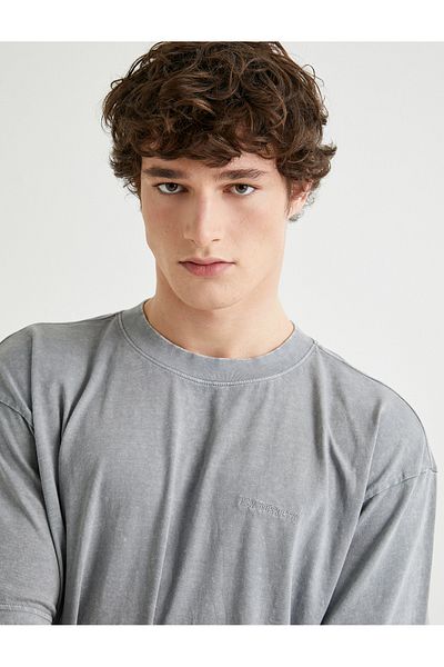 Koton Crew Neck Washed Cotton T-Shirt - Slogan Embroidered, Short Sleeve