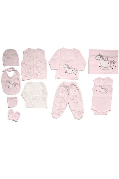 by BebekOdam Kız Bebek Pembe Unicornlu Desenli 10 Parça Hastane Çıkış Seti