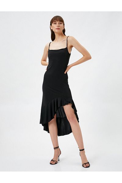 Koton Ασύμμετρο βολάν Φόρεμα Midi λεπτές τιράντες Slim Fit