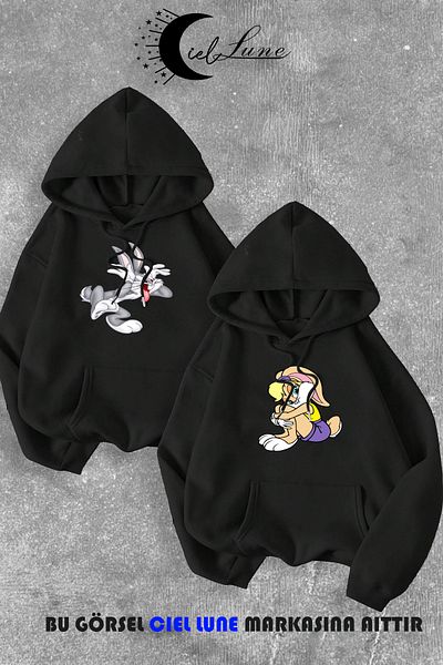 NEVERMIND Bugs Bunny and Lola Bunny Printed Hooded Sweatshirt - Couple Combo, 3 Thread Set Set
