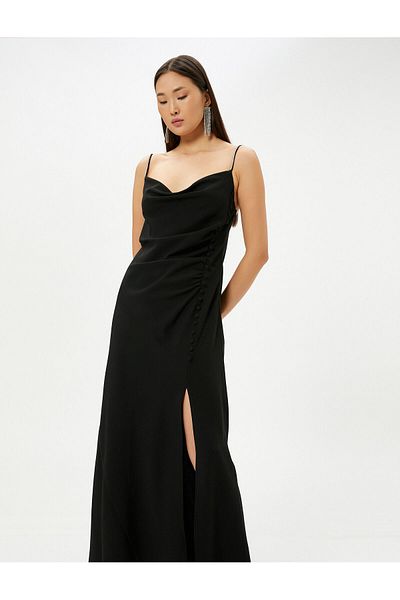 Koton Rhinestone Strap Long Dress Slit Button Detail Degaje Neckline Asymmetrical Cutout