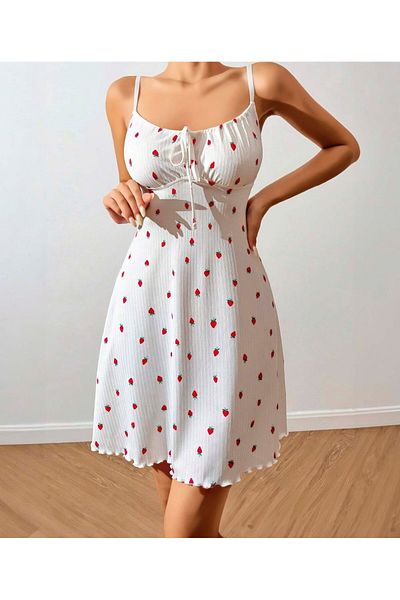 İntive Lingerie Lily Bianca 100% βαμβακερό χτενισμένο βαμβακερό μοτίβο φράουλας με γιακά U γιακά με δέσιμο μίνι νυχτικό-13007