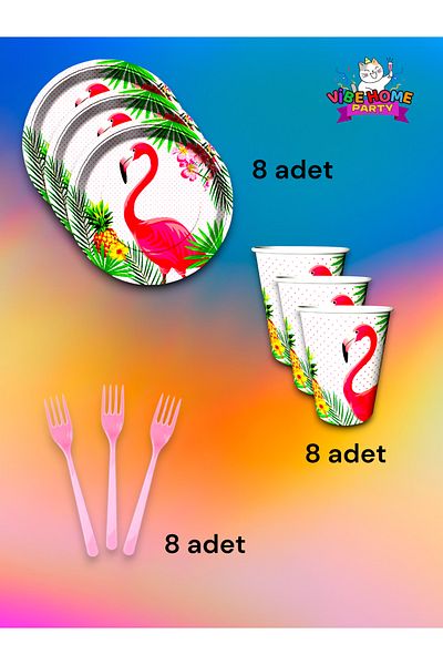 VibeHome 8-Person Flamingo Themed Super Eco Set - for Birthday Party and Fun Events