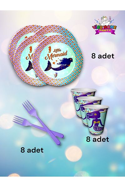 VibeHome Mermaid Themed Super Eco Set for 8 - for Birthday Party and Fun Events