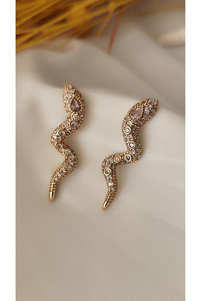 İPAR AKSESUAR Snake Gold Earring with Zircon Drop Stone