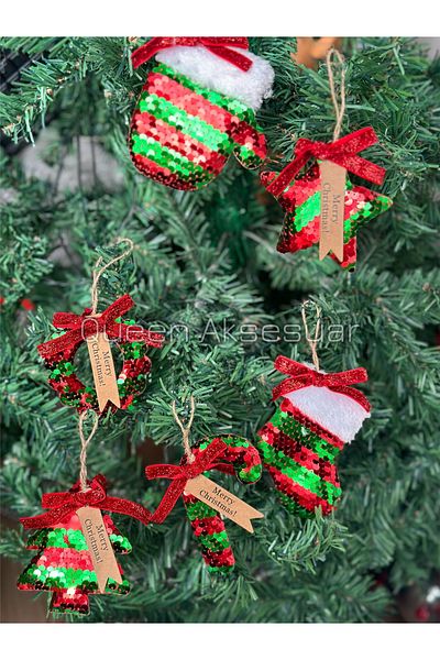QUEEN AKSESUAR Sequin Green Red Luxury Christmas Tree Ornament and Star Garland Walking Stick Candy Pine Decoration Ornament Set