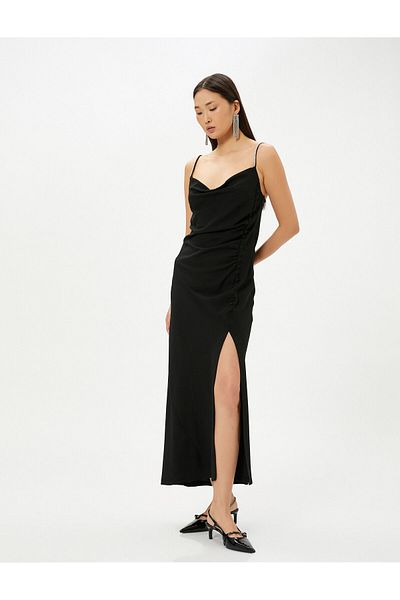 Koton Rhinestone Strap Long Dress Slit Button Detail Degaje Neckline Asymmetrical Cutout