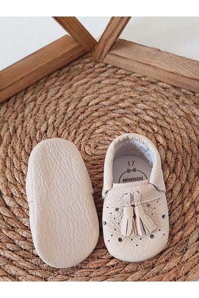 MİNİBİRİ Royal Model Cream Color Genuine Leather Baby Loafers Baby Shoes
