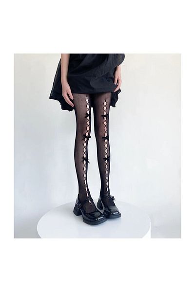 VEGAROKS Lolita Black Velvet Ribbon Symmetrical Patterned Imported Black Pantyhose
