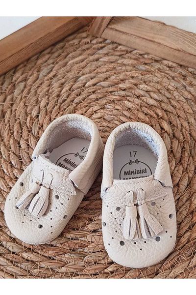 MİNİBİRİ Royal Model Cream Color Genuine Leather Baby Loafers Baby Shoes