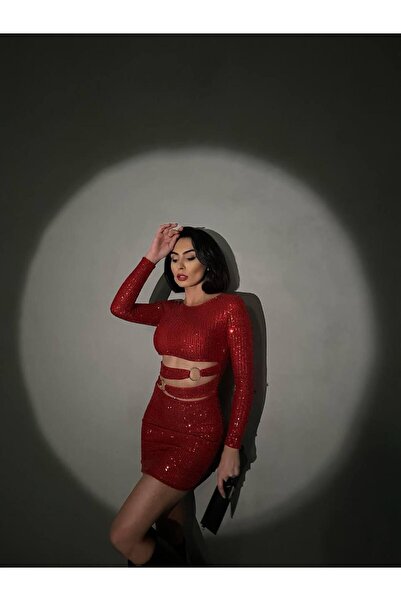 SUSEEMODA Pul Payet Mini Halka Dekolte Elbise Kırmızı