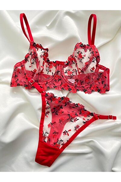 Scarlet Blossom Çiçek Desenli Dantel Bralet Takımı - Kırmızı Romantik İç Giyim