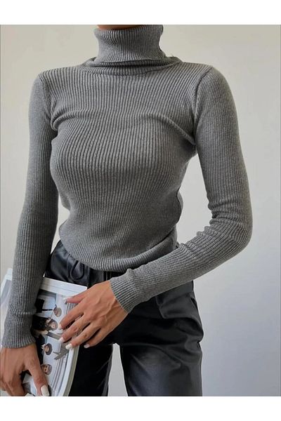 Buteks Anthracite Grey Premium Cotton Turtleneck Camisole Raster Slimfit Turtleneck Sweater