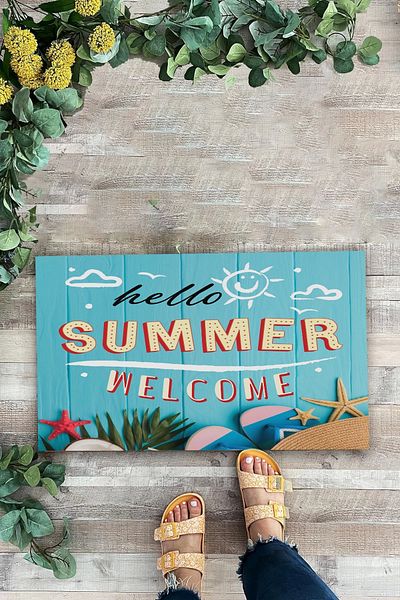 Valerine Life Hello Summer Hello Summer Blue Colored Welcome Welcome Door Mat 45X70Cm