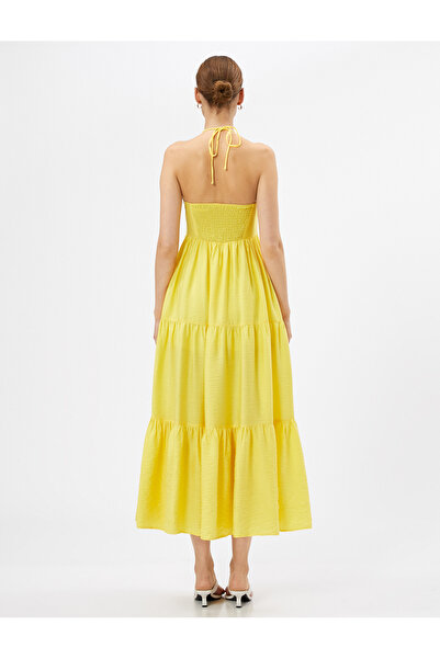 Koton Uzun Elbise Halter Yaka Volanlı Drapeli Viskon Karışımlı