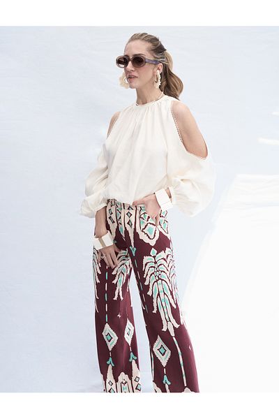 Koton Melis Ağazat - Hose mit weitem Bein und ethnischem Muster und Taschen aus Viskosestoff