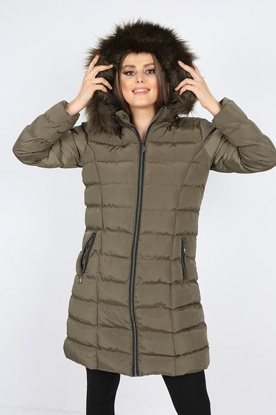 S&V TEKSTİL Women's Khaki Puffer Long Coat Coat Trend