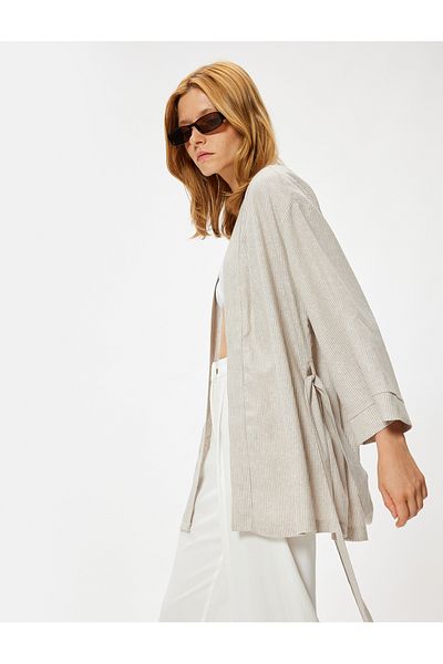 Koton Oversize Linen Kimono - Wide Long Sleeve and Belt Detail