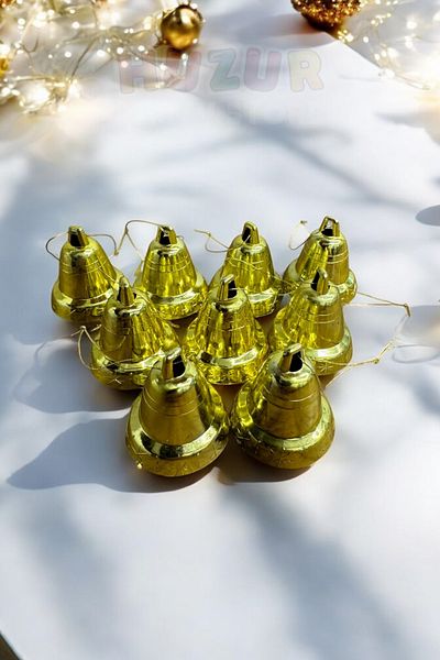 Huzur Party Store Πρωτοχρονιάτικο Πεύκο - 9 Τεμάχια 3 εκ. Χρυσό Κίτρινο, Χρυσό Κορδόνι, Κουδούνι Φωτεινό Χρώμα