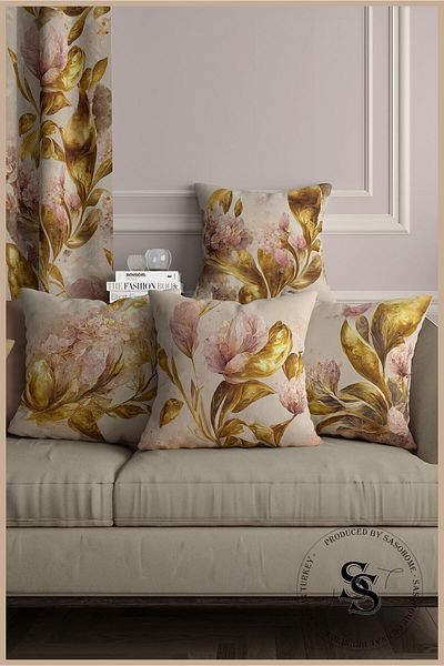 SasoHome Set de 4 huse de pernă imprimate digital cu fundal crem și model cu frunze aurii
