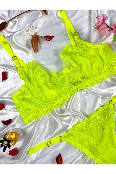mendoza store Set sutien brodat verde neon cu modele florale