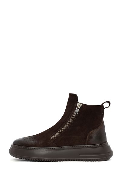Derimod Men's Brown Double Zipper Suede Leather Casual Boots 24Wfd 740310