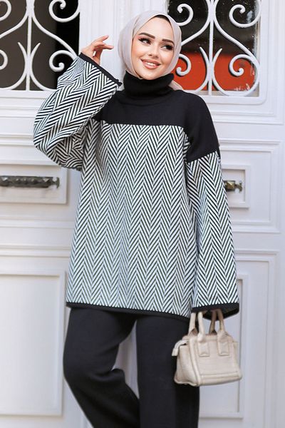 Neva Style Pulover tunică din tricotaje cu model Hijab negru - 71502S