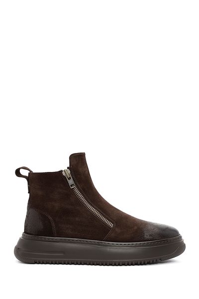 Derimod Men's Brown Double Zipper Suede Leather Casual Boots 24Wfd 740310