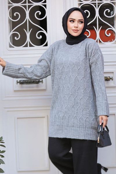 Neva Style Pulover tunică din tricotaje hijab gri cu model diamantat 10241GR