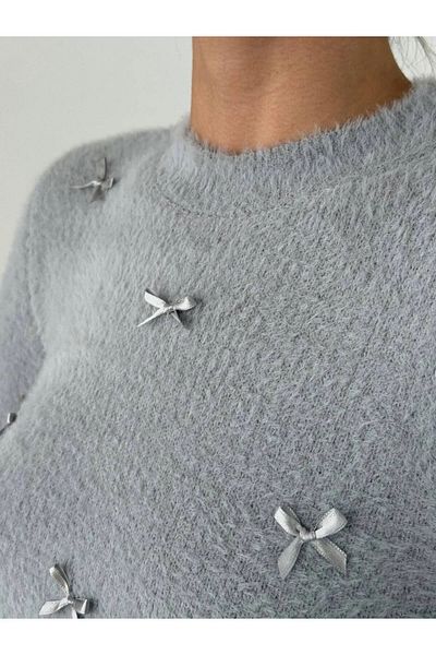 Nisantasimoda Women's Ribbon Detailed Yumos Gray Sweater