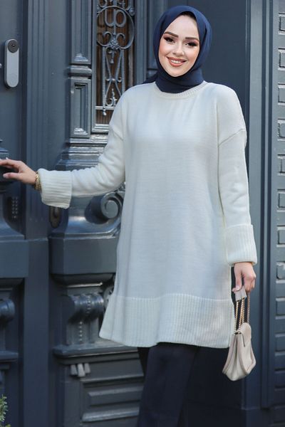 Neva Style Ecru Knitwear Tunic Sweater - Hijab 71501E