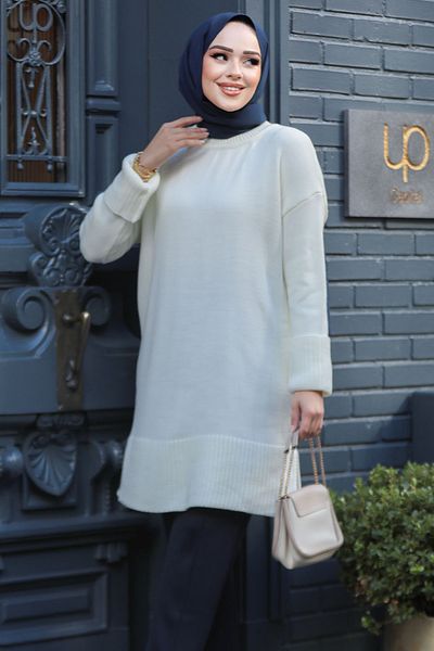 Neva Style Πλεκτό Ecru Πουλόβερ Τουνίκ - Hijab 71501E